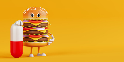 Cartoon Premium Delicious Burger Icon Person Character Mascot with Medical Capsule Pill. 3d Rendering