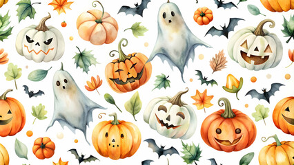 Seamless watercolor of Halloween elements like pumpkins, bats, and ghosts, Watercolor, Seamless design, Halloween,Pumpkins, Bats