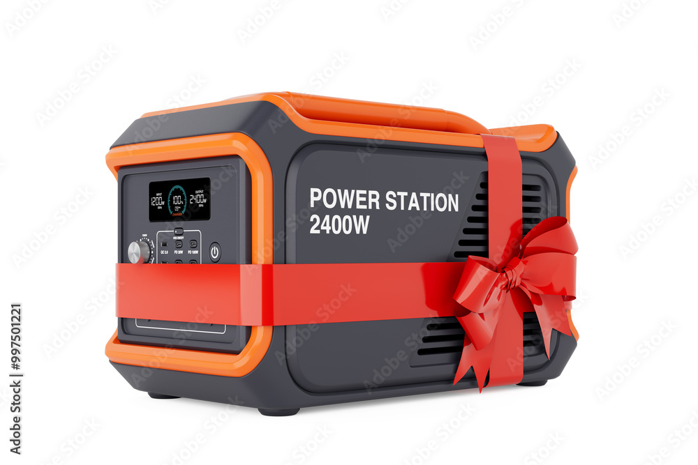 Poster high capacity portable power generator station with red ribbon as gift. 3d rendering