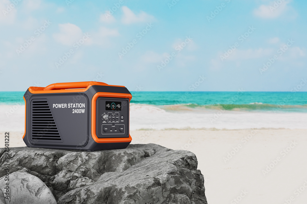 Poster High Capacity Portable Power Generator Station on Top of Rock. 3d Rendering