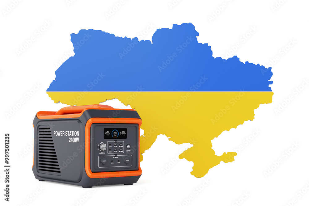 Aufkleber High Capacity Portable Power Generator Station and Ukraine Map with Flag. 3d Rendering
