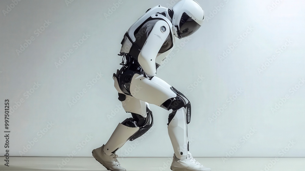 Poster futuristic robot walking in a minimalist indoor setting with soft lighting