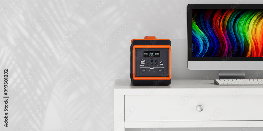 Poster High Capacity Portable Power Generator Station on a White Table near Desktop Computer. 3d Rendering
