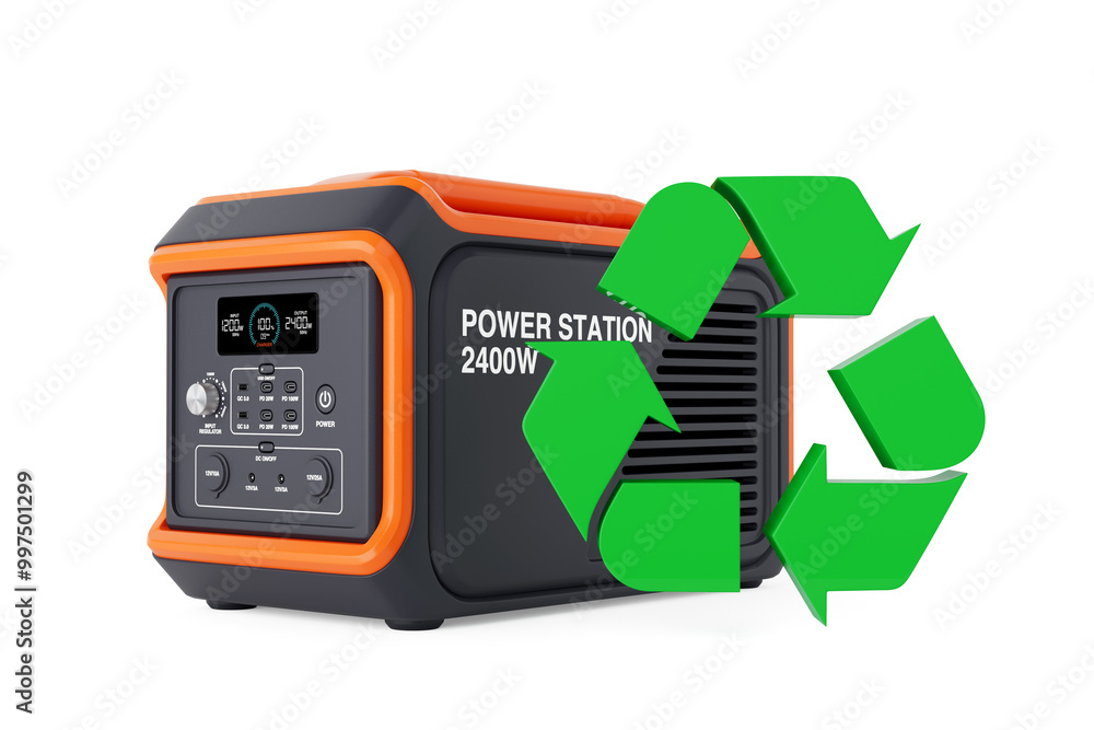Aufkleber high capacity portable power generator station with green recycle sign. 3d rendering