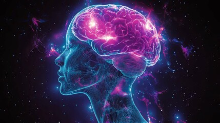 A digital rendering of a human head with a glowing brain against a starry night sky background