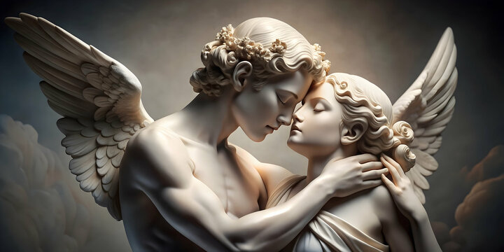 Statue of Cupid and Psyche embracing in a sensual hug, evoking emotions of love and romance, Cupid, Psyche, statue, sculpture