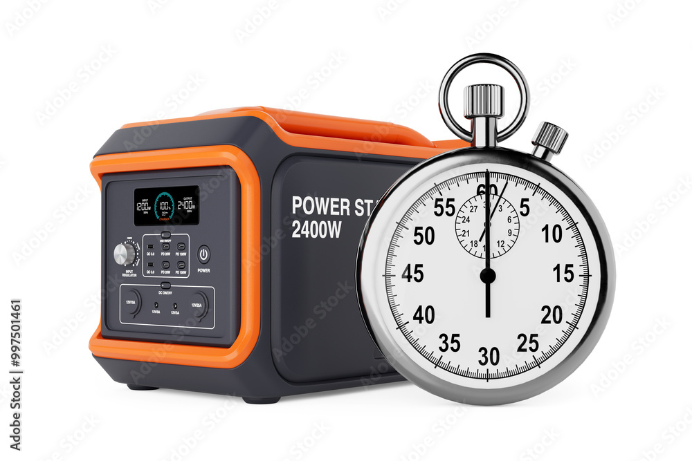 Poster high capacity portable power generator station with stopwatch. 3d rendering
