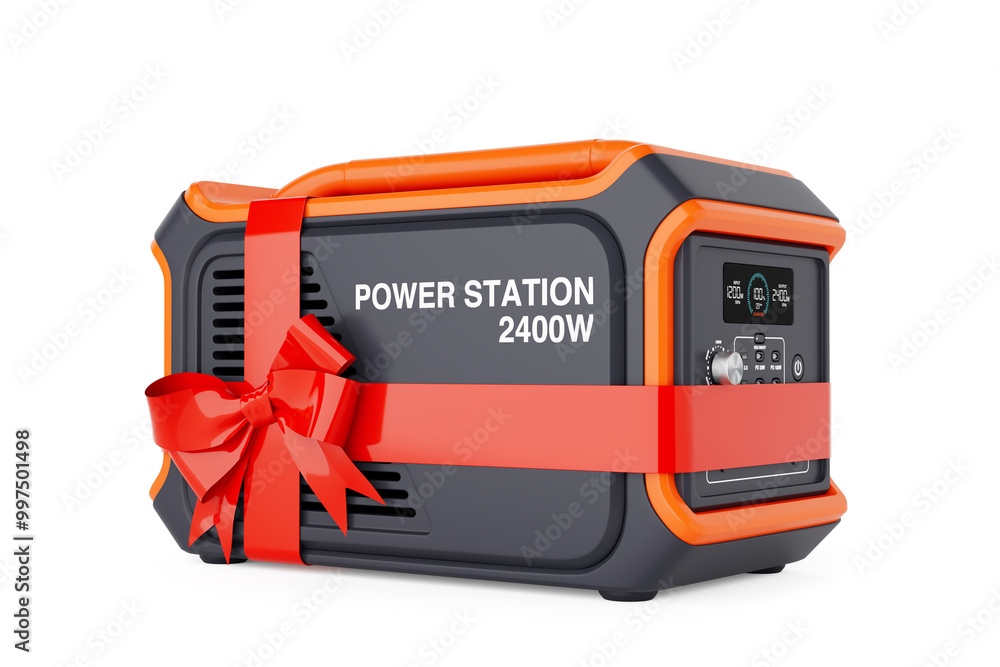 Poster High Capacity Portable Power Generator Station  with Red Ribbon as Gift. 3d Rendering