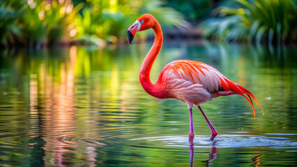 Fototapeta premium Vibrant pink flamingo standing gracefully in a shallow pool, tropical, bird, wildlife, exotic, feathers, nature, vibrant