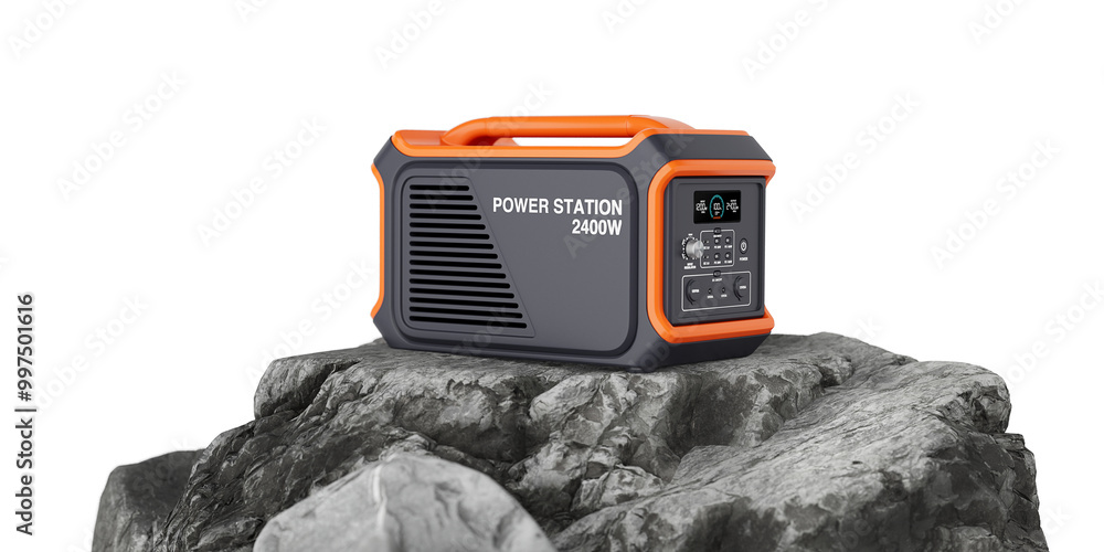 Poster High Capacity Portable Power Generator Station on Top of Rock. 3d Rendering