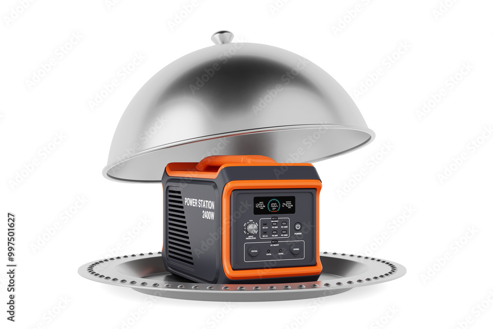 Poster high capacity portable power generator station with silver restaurant cloche. 3d rendering