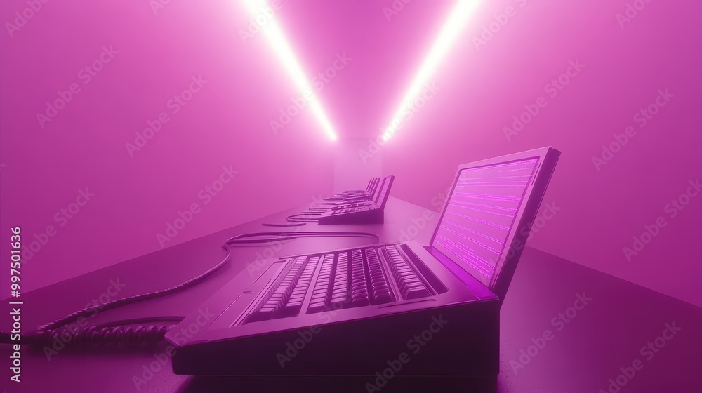 Poster row of vintage computers with neon lights in futuristic setting