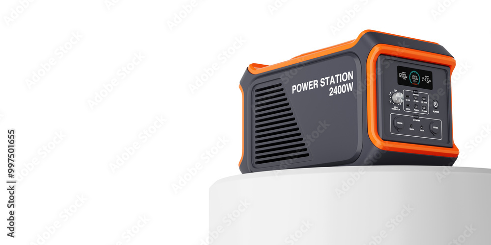 Poster white podium pedestal stand with high capacity portable power generator station. 3d rendering