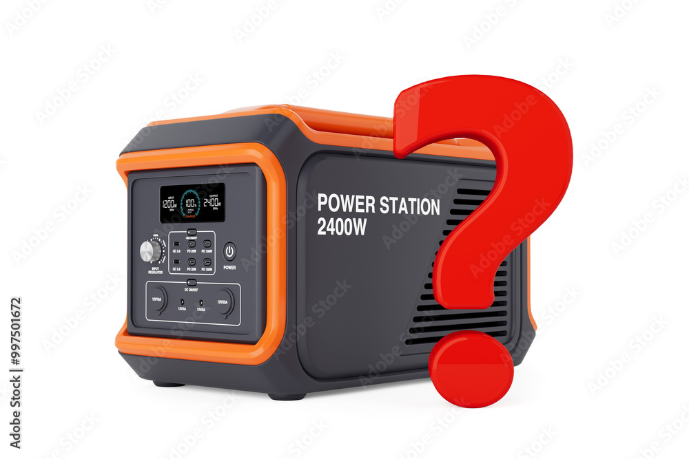Poster High Capacity Portable Power Generator Station with Red Question Mark. 3d Rendering