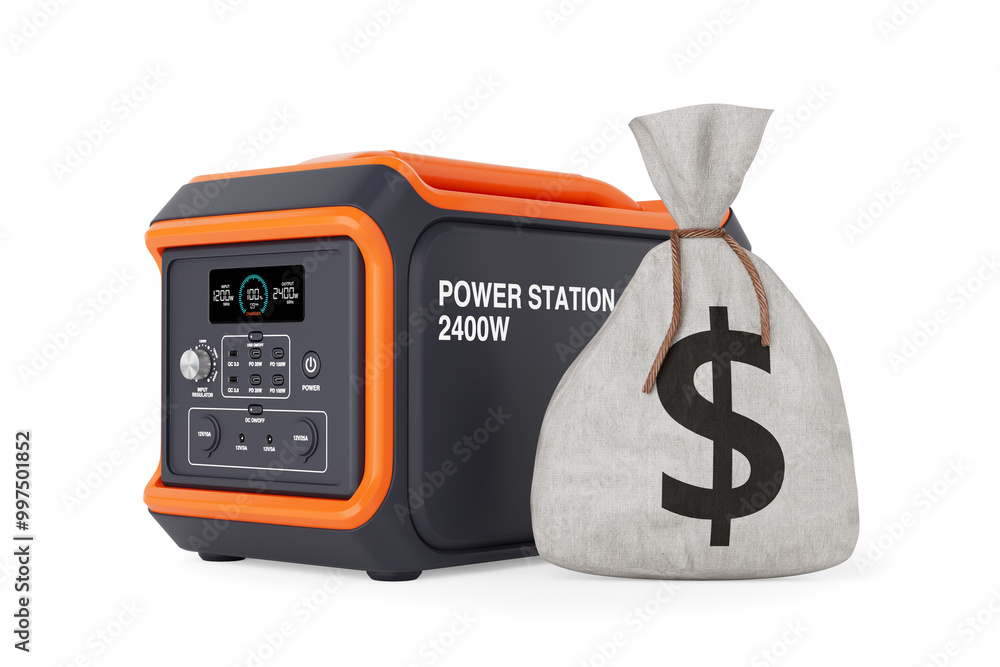 Aufkleber high capacity portable power generator station and tied rustic canvas linen money sack or money bag 