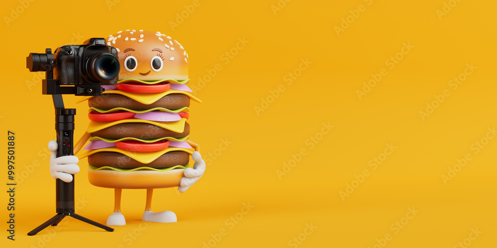 Poster cartoon premium delicious burger icon person character mascot with dslr or video camera gimbal stabi