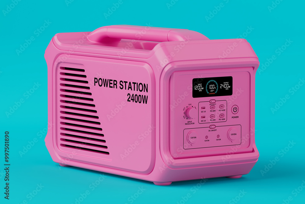 Poster pink high capacity portable power generator station in duotone style. 3d rendering