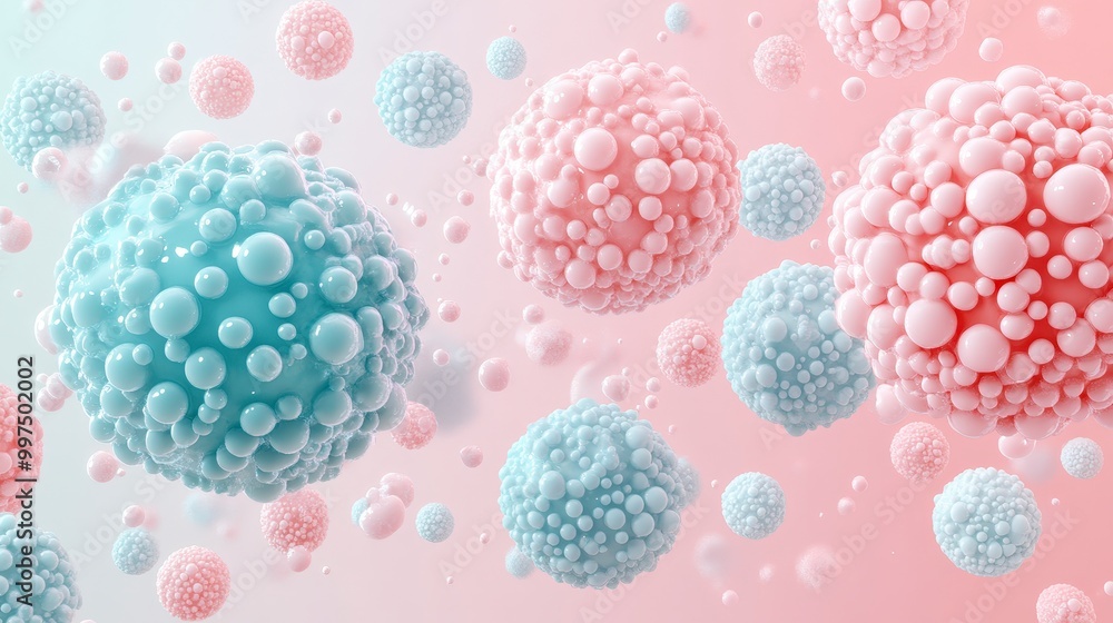 Poster abstract 3d rendering of spheres in pastel colors with bubble texture