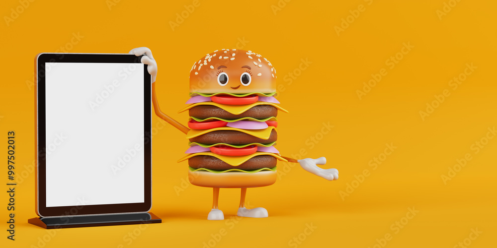 Aufkleber Cartoon Premium Delicious Burger Icon Person Character Mascot  with Blank Trade Show LCD Screen Display Stand as Template. 3d Rendering