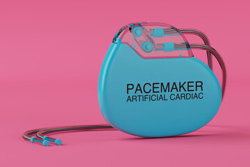 Implantable Blue Artificial Cardiac Pacemaker Device in Duotone Style. 3d Rendering