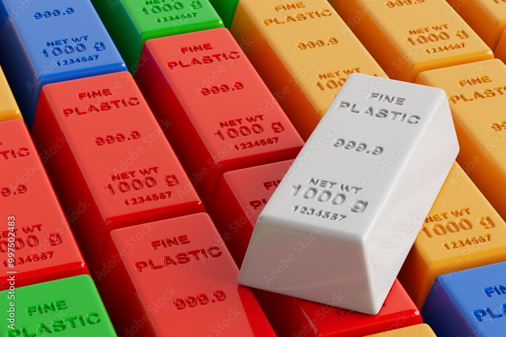 Poster high quality plastic concept. rows of fine multicolored plastic in shape of precious bank bars with 