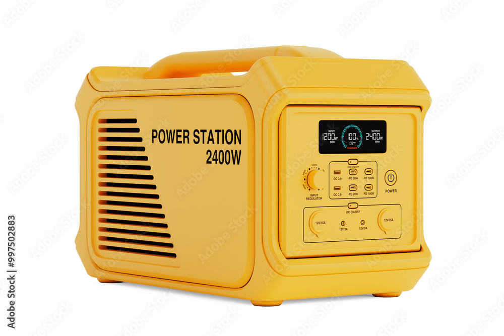 Poster yellow high capacity portable power generator station in clay style. 3d rendering