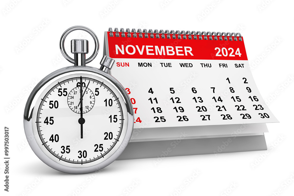 Aufkleber 2024 year november calendar with stopwatch. 3d rendering
