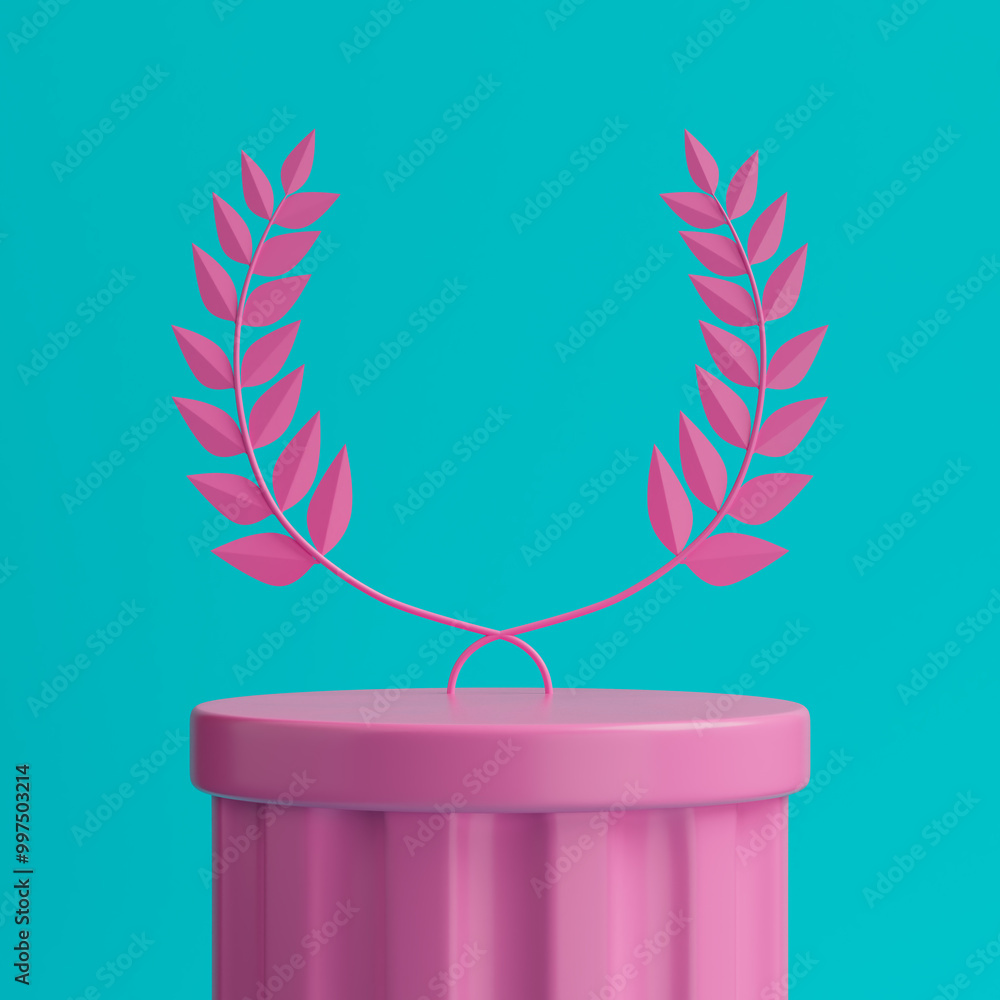 Poster Empty Pink Laurel Winner First Place Stage Mockup in Duotone Style. 3d Rendering