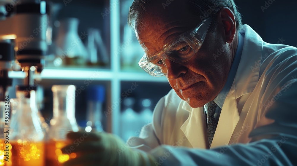 Aufkleber A researcher in a white lab coat carefully examines a set of flasks filled with colorful liquids under artificial lighting