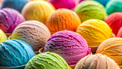 Fototapeta premium Colorful round ice cream scoops close up on bright background with soft focus, ice cream, colorful, round, scoops, macro