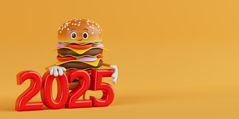 Cartoon Premium Delicious Burger Icon Person Character Mascot with Red 2025 New Year Sign. 3d Rendering