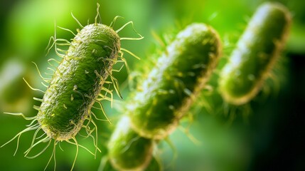 Naklejka premium Microscopic view of bacteria highlighting cellular structures and green color
