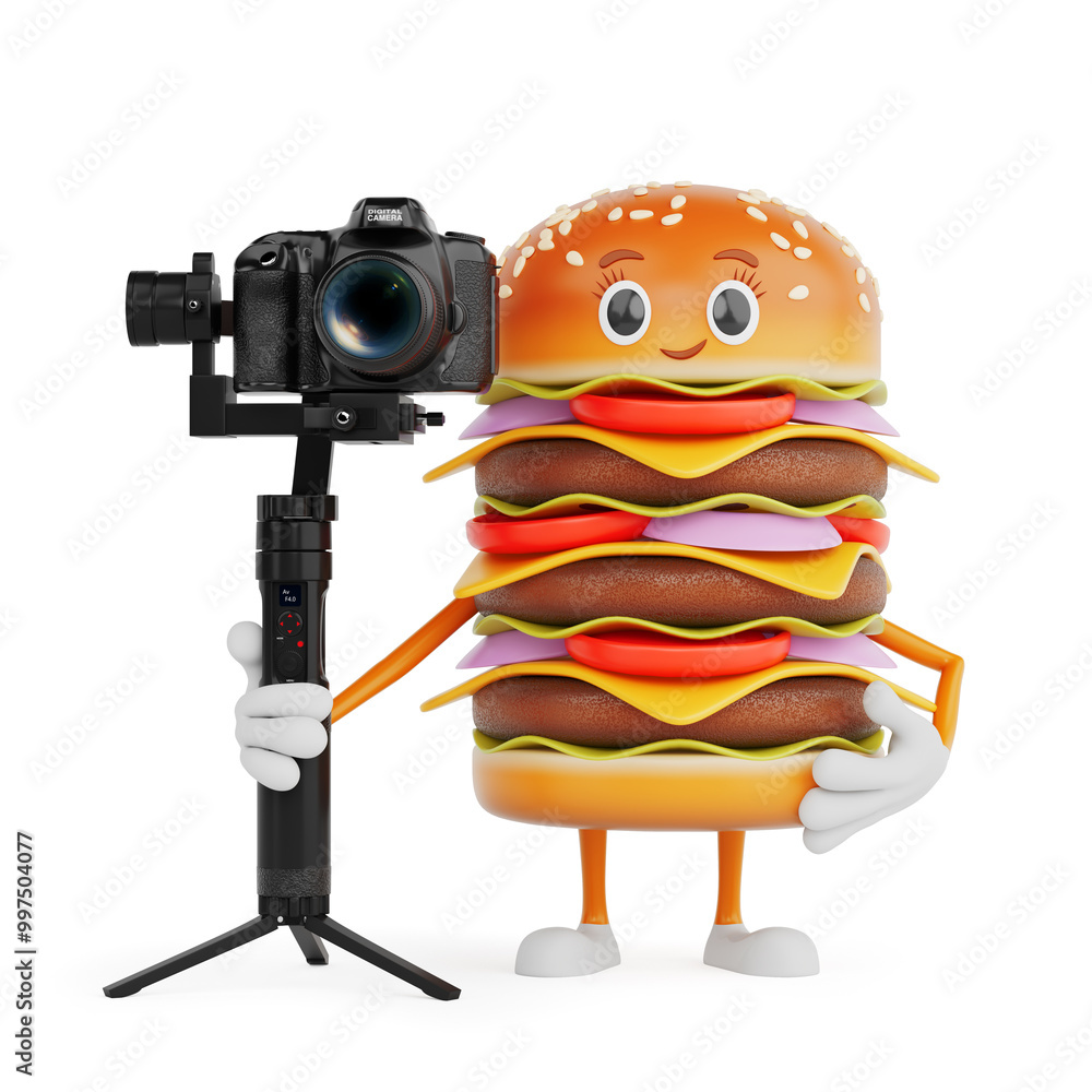 Poster cartoon premium delicious burger icon person character mascot with dslr or video camera gimbal stabi