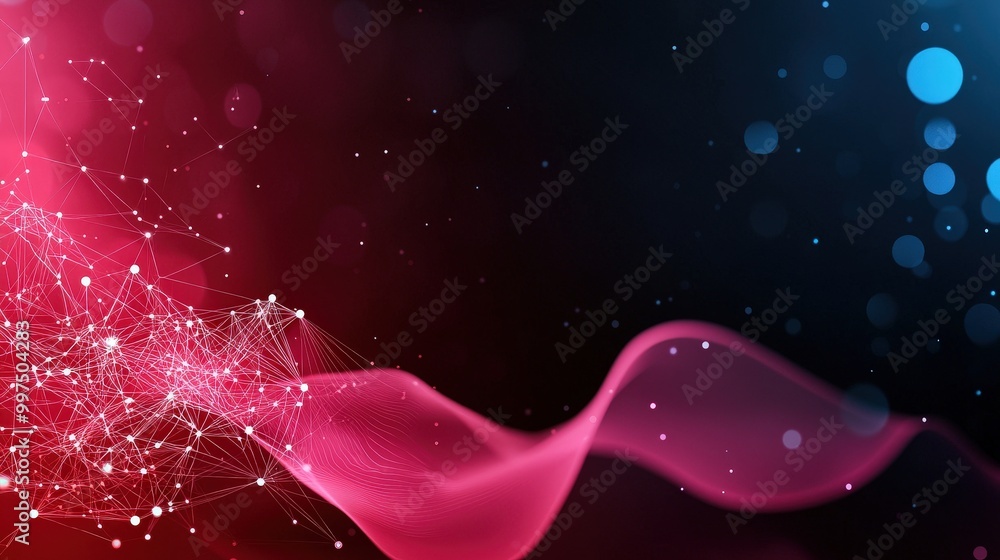 Poster abstract technology background with connected dots and particles on 3d wave landscape