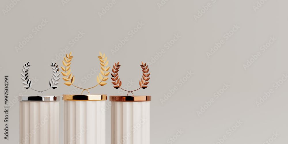Poster empty golden, silver and bronze laurel winner place stage mockup. 3d rendering
