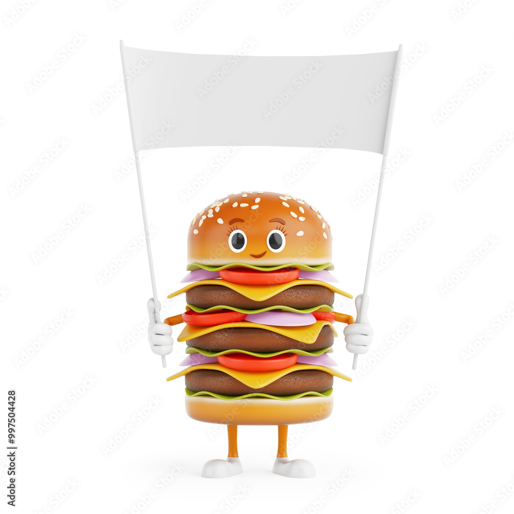 Aufkleber cartoon premium delicious burger icon person character mascot and empty white blank banner with free