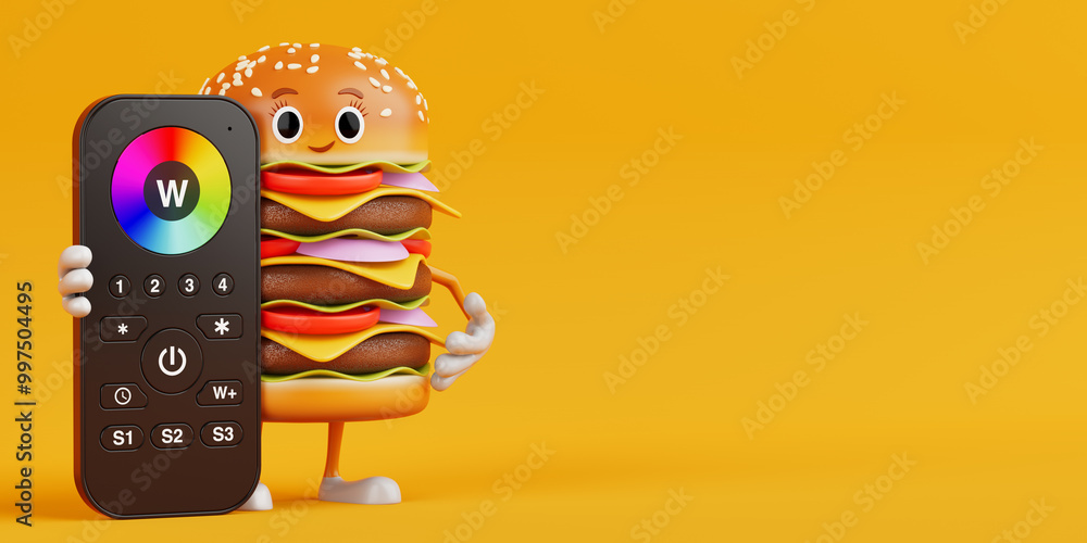 Poster cartoon premium delicious burger icon person character mascot with infrared remote lighting control 
