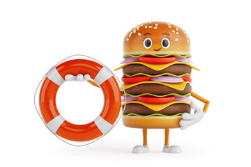 Cartoon Premium Delicious Burger Icon Person Character Mascot with Life Buoy. 3d Rendering