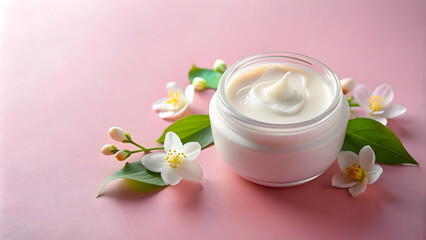 Organic skin care creme with jasmine flower on pink background, organic, skincare, cosmetic, creme, jasmine flower