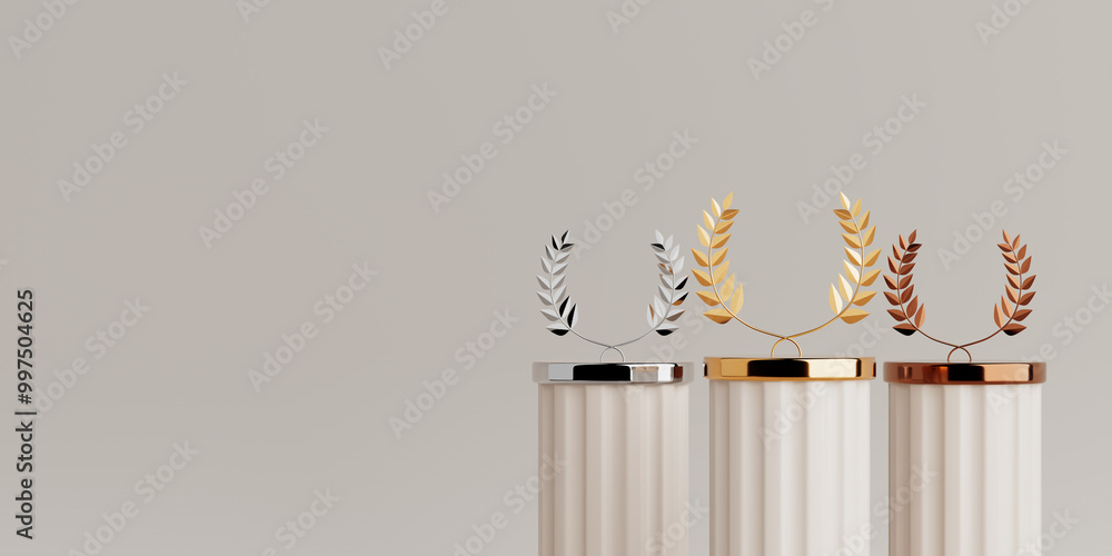 Poster empty golden, silver and bronze laurel winner place stage mockup. 3d rendering