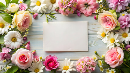 Blank card surrounded by delicate flowers, Floral, delicate, card, blank, copy space, romantic, nature, petals, blossoms