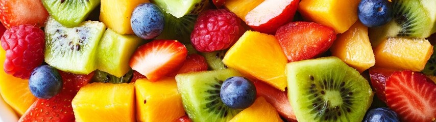 Vibrant Fruit Medley, an overhead view of a bowl filled with a colorful assortment of fresh fruits, highlighting their rich textures and lively hues, inviting and refreshing display