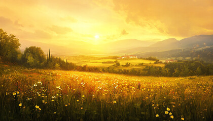 A sun-kissed landscape with warm golden hues over a quiet countryside, radiating tranquility and peace