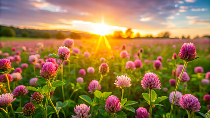 Fototapeta premium Blooming wild clover on meadow, sunset , wildflowers, sun setting, nature, field, countryside, colorful, vivid, landscape, beauty