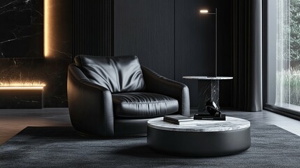 Modern Black Leather Armchair and Marble Coffee Table in a Dark Interior