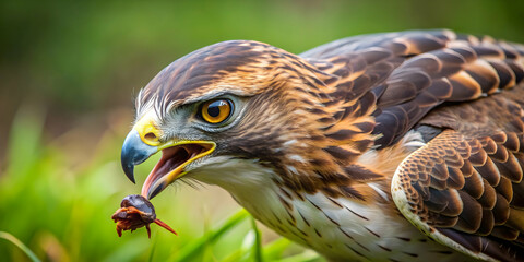 Fototapeta premium Close up of a hawk capturing prey in the wild, hawk, predator, wildlife, eagle, hunting, nature, bird of prey, feathers
