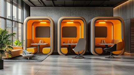 Three Modern Office Pods with Yellow Interiors and Desks