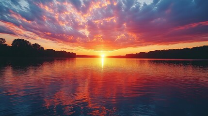 Fototapeta premium Sunset over a Calm Lake with Silhouetted Trees