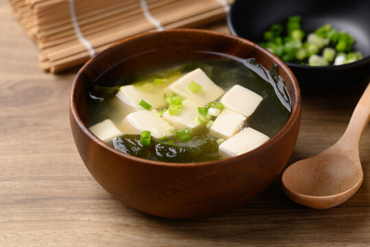 Miso soup with tofu, wakame seaweed and spring onion, Traditional Japanese soup