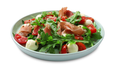 Tasty salad with arugula, mozzarella cheese, tomatoes and jamon isolated on white